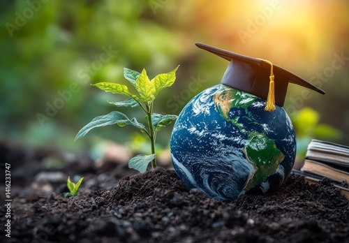 Obraz na płótnie Global Education Graduation Cap on Earth with Growing Plant w salonie