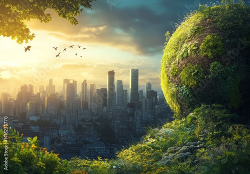 Obraz na płótnie Lush Green Planet Rising Above Cityscape at Sunrise Environmental Concept Image w salonie