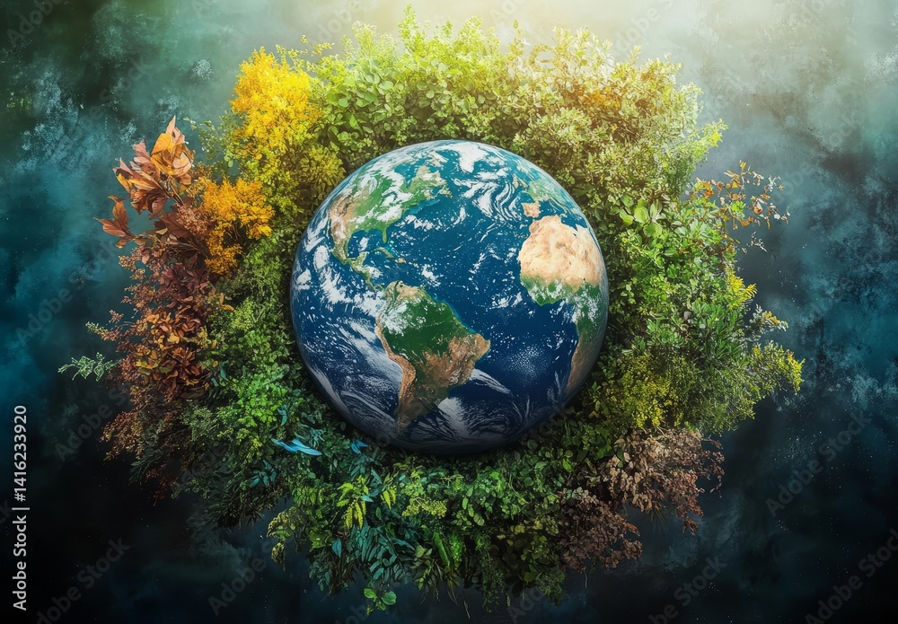 Vibrant Earth Globe Surrounded by Lush Green Foliage Spring Summer Autumn Winter