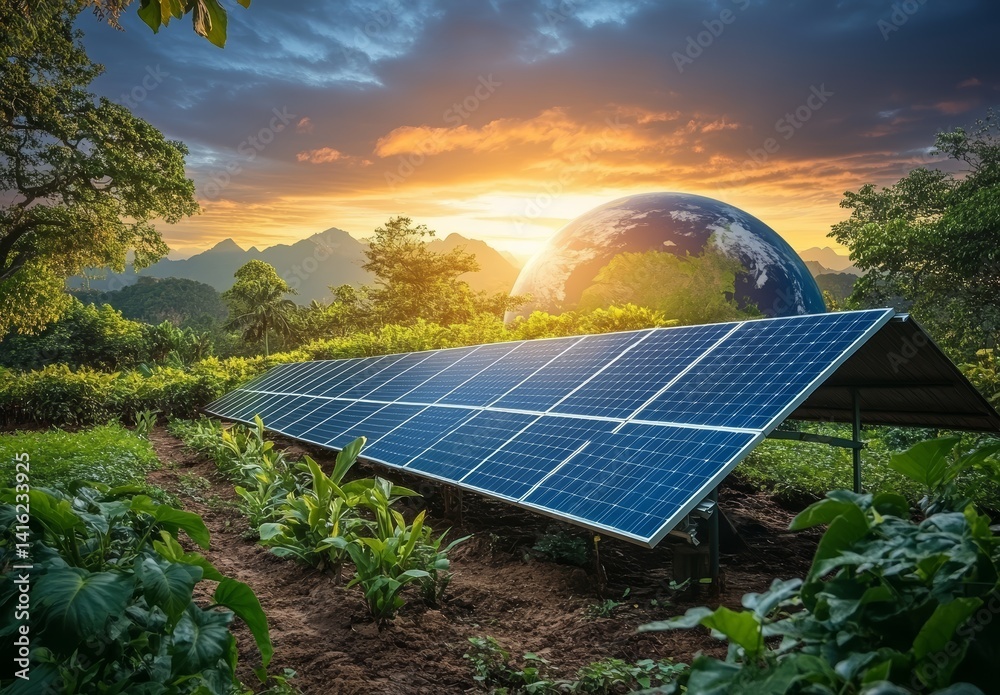 Sustainable Solar Energy Farm Eco Friendly Panels Global View at Sunset