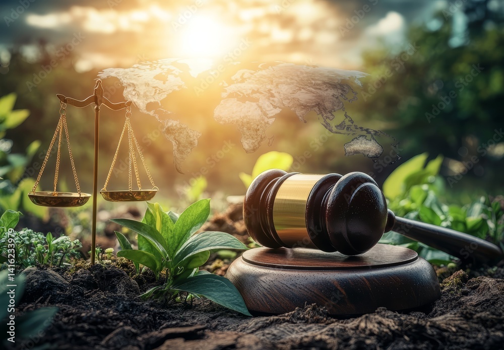 Global Environmental Law Gavel Scales and Growing Plants on Earth