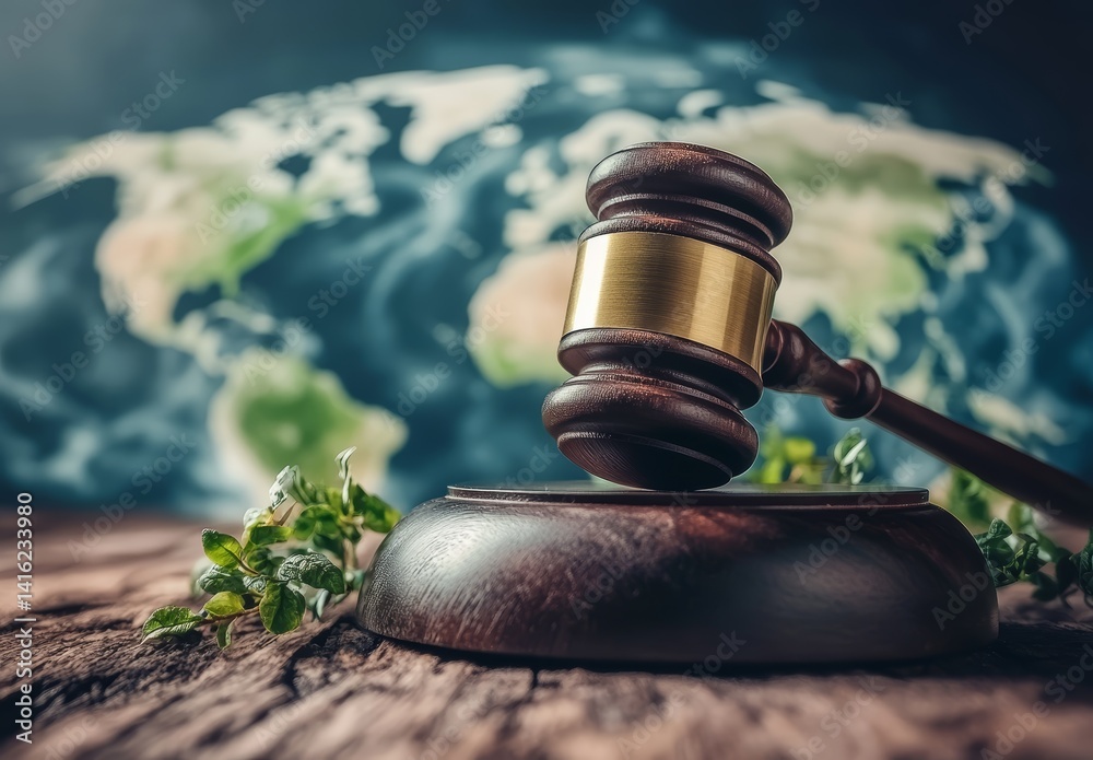 Global Environmental Law Gavel on Wooden Block with Earth Background