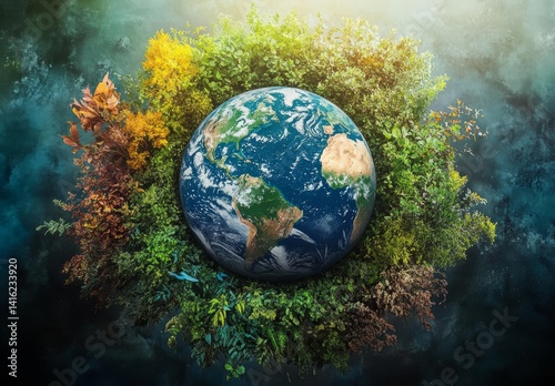 Obraz na płótnie Vibrant Earth Globe Surrounded by Lush Green Foliage Spring Summer Autumn Winter w salonie