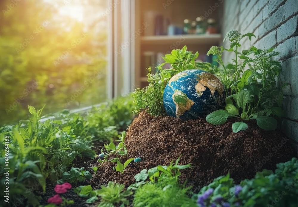 Earth Globe Nestled in Lush Potted Plants by Window Sustainable Gardening Concept
