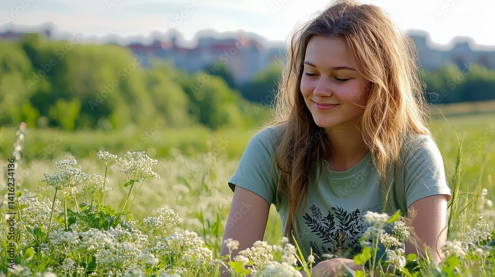 Serene Young Woman in Field of Flowers Summer Day Peaceful Nature Scene