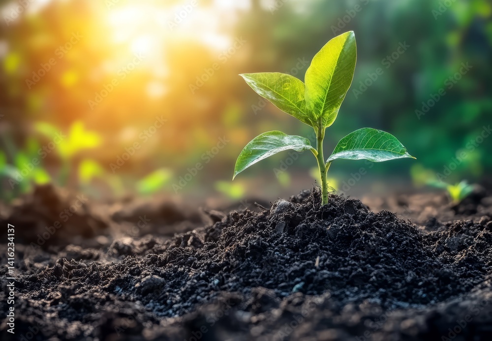 Young Sprout Growing in Rich Soil Sunrise Backlight New Life Nature Ecology