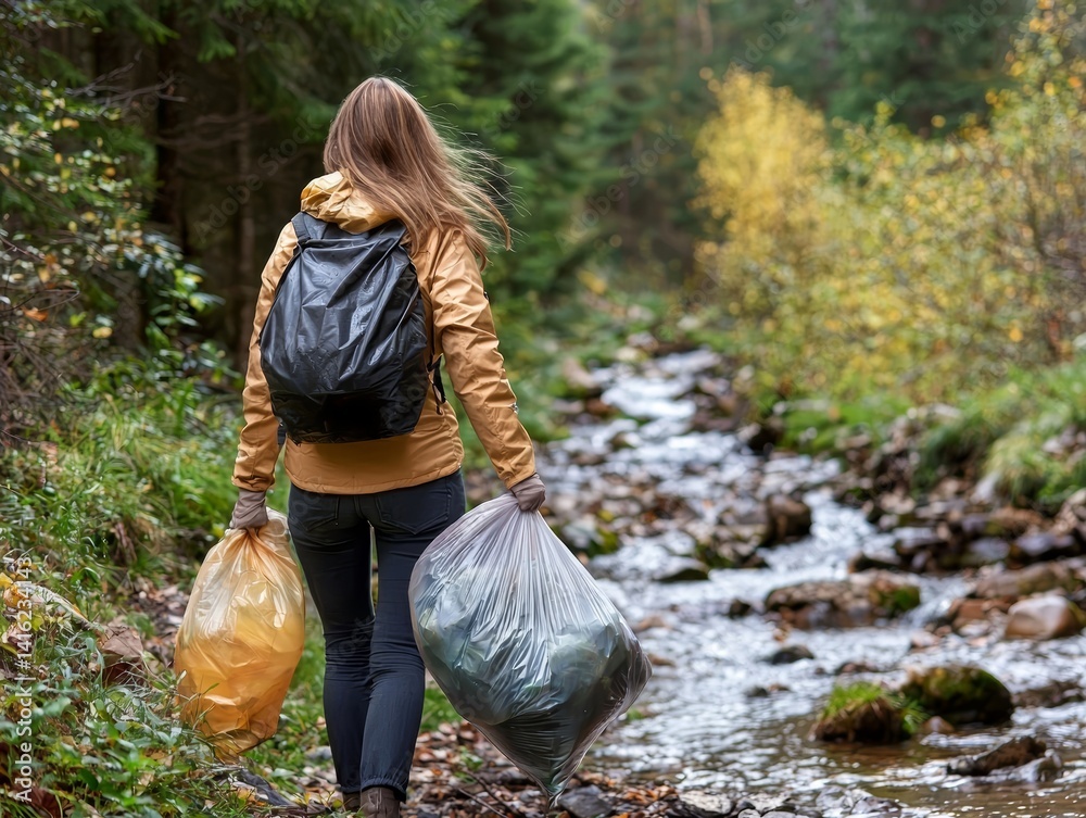 Woman Volunteer Cleaning Up Litter in Autumnal Forest Park by Stream