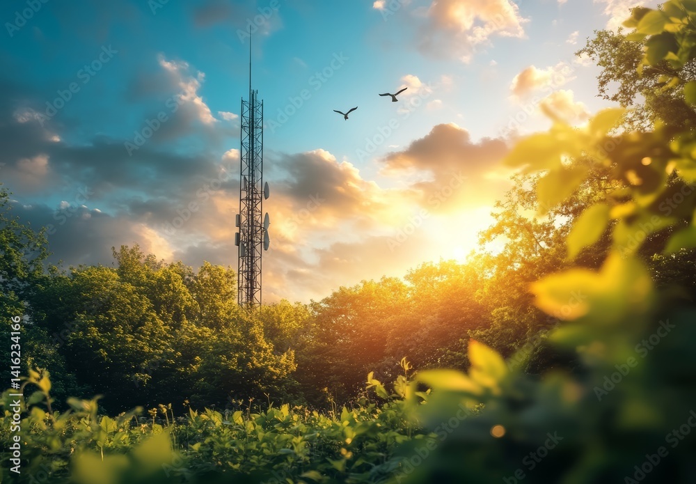 Telecommunication Tower in Lush Green Forest at Sunset Birds in Flight