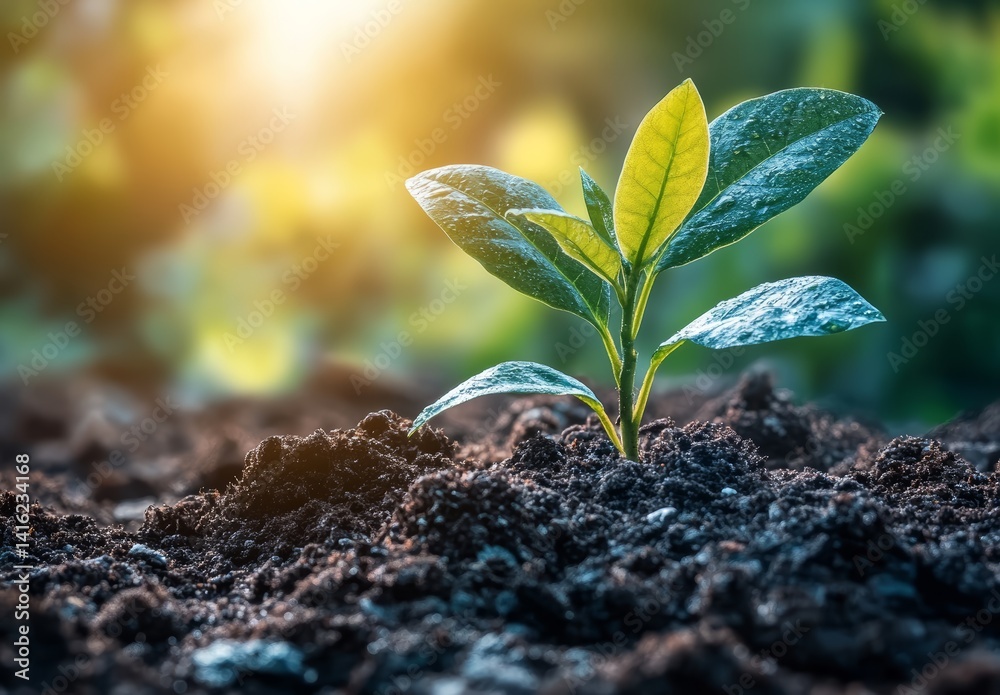 Young Sprout Growing in Rich Soil at Sunrise New Life Environmental Conservation