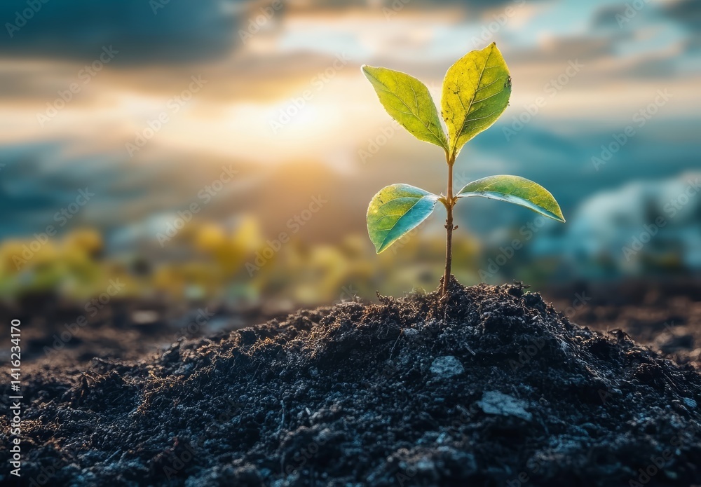 Young Sprout Emerging from Soil at Sunrise New Growth Nature Photography