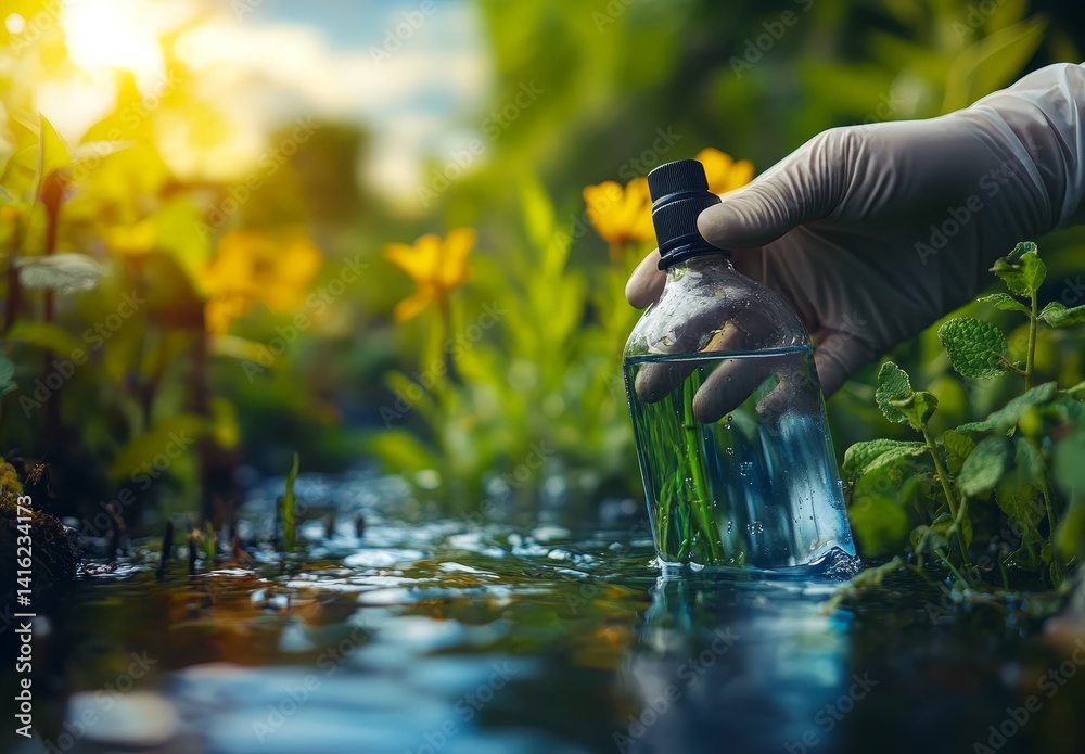Ecologist Collecting Water Sample in Lush Green Nature Environmental Research Stream Analysis