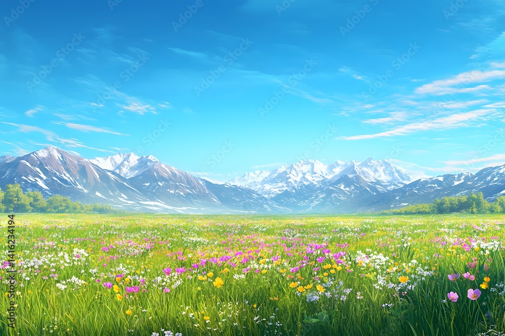 Fototapeta premium A vibrant field of flowers with mountains and a bright blue sky in the background landscape scene
