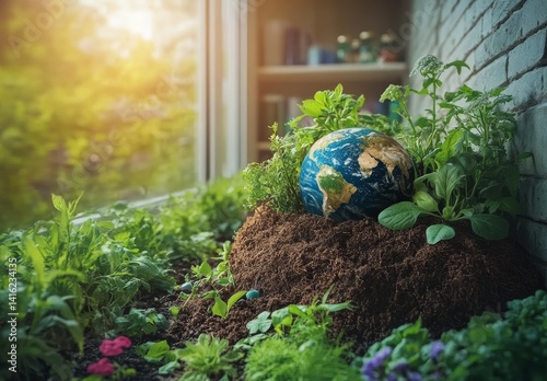 Obraz na płótnie Earth Globe Nestled in Lush Potted Plants by Window Sustainable Gardening Concept w salonie