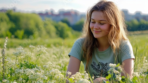 Obraz na płótnie Serene Young Woman in Field of Flowers Summer Day Peaceful Nature Scene w salonie