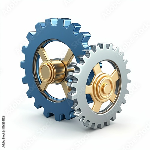 Blue and Gold Gears Interlocking in a Clean White Background