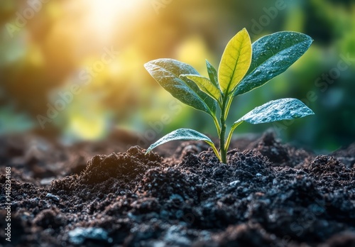 Obraz na płótnie Young Sprout Growing in Rich Soil at Sunrise New Life Environmental Conservation w salonie