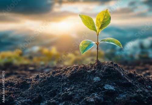 Obraz na płótnie Young Sprout Emerging from Soil at Sunrise New Growth Nature Photography w salonie
