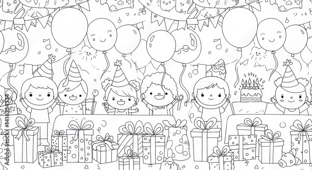 Cheerful children celebrating birthday party with gifts, cake and balloons coloring page, joyful illustration for kids, black and white outline Cheerful children celebrating birthday party with gifts, cake and balloons coloring page, joyful illustration for kids, black and white outline