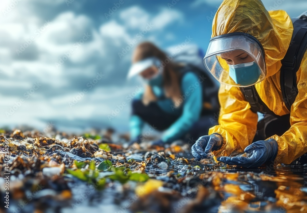 Environmental Cleanup Volunteers in Protective Gear Collecting Ocean Debris