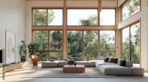 Tranquil Living, Modern Interior with Forest View and Natural Light