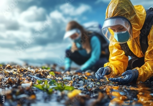 Obraz na płótnie Environmental Cleanup Volunteers in Protective Gear Collecting Ocean Debris w salonie