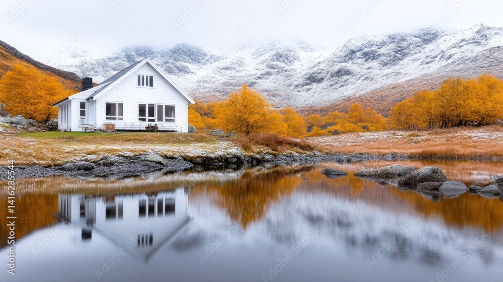 Fototapeta premium White cabin by a tranquil lake, autumnal mountains