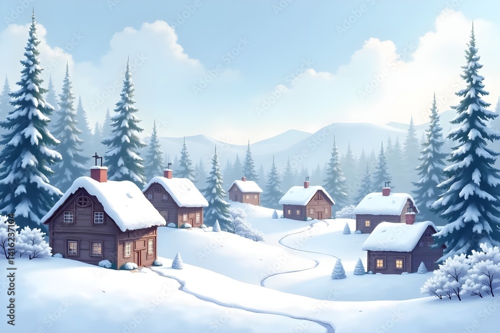 Fototapeta premium Dreamy Snow-Covered Village in Soft Watercolor Style