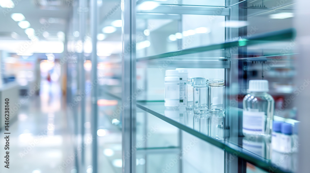 Fototapeta premium Empty glass medicine cabinet in hospital setting with open doors and shelves, symbolizing healthcare crisis, drug shortages and medical supply issues. Healthcare system challenges and hospital resourc