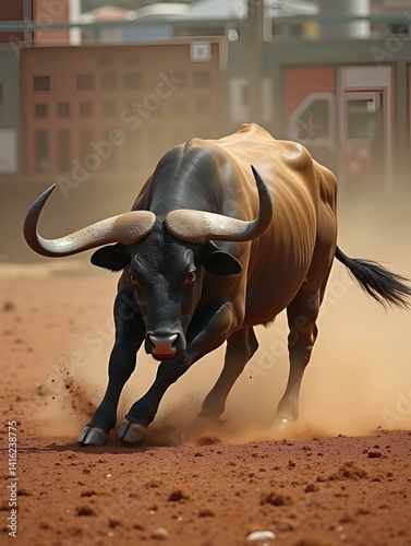 fighting bull with big horns on spain