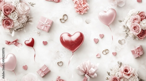 17.A lovely pattern showcasing bouquets, floating heart-shaped balloons, and wedding rings, arranged with scattered gift boxes. The soft color palette and subtle details make it perfect for romantic