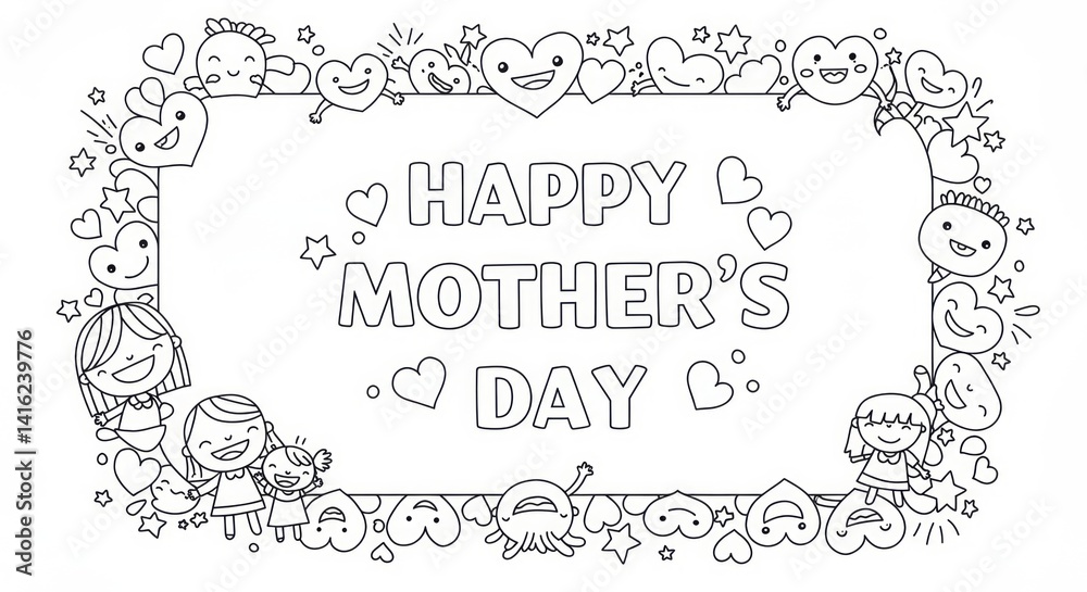Happy Mother's Day Illustration with Hearts, Stars and Cute Characters in Black and White Happy Mother's Day Illustration with Hearts, Stars and Cute Characters in Black and White