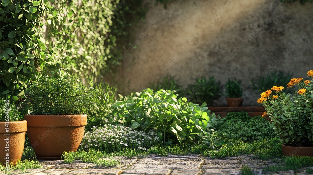 Tranquil Backyard Garden with Potted Plants and Stone Pathway Tranquil Backyard Garden with Potted Plants and Stone Pathway