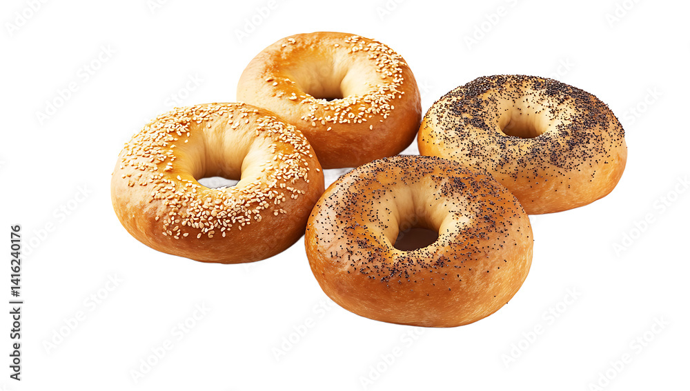 Fresh bagels with sesame seeds and poppy seeds, isolated on a transparent background Fresh bagels with sesame seeds and poppy seeds, isolated on a transparent background