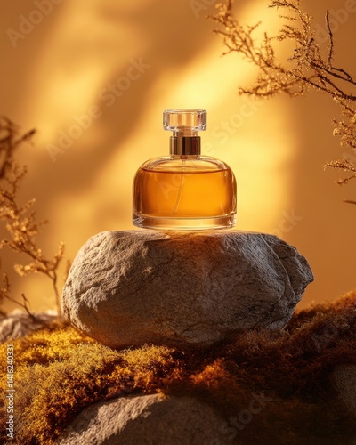 Amber perfume bottle on rocks
