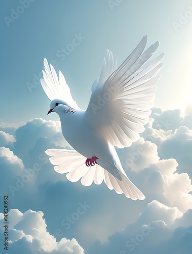 Elegant white dove soaring through a serene blue sky above fluffy clouds, symbolizing peace, purity, freedom, and spiritual connection in a bright heavenly atmosphere

