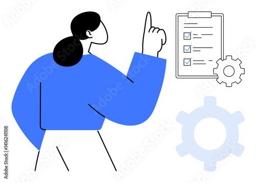 Woman raising hand towards checklist with marked tasks, surrounded by gear icons for planning. Ideal for productivity, workflow, organization, business processes, teamwork, goal setting, task