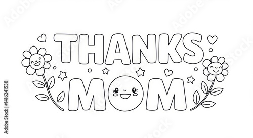 Thanks Mom coloring page with cute flowers hearts and stars for Mother's Day greeting card activity for children