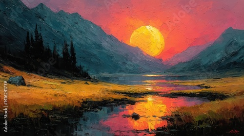 a painting of a sunset with orange and yellow colors