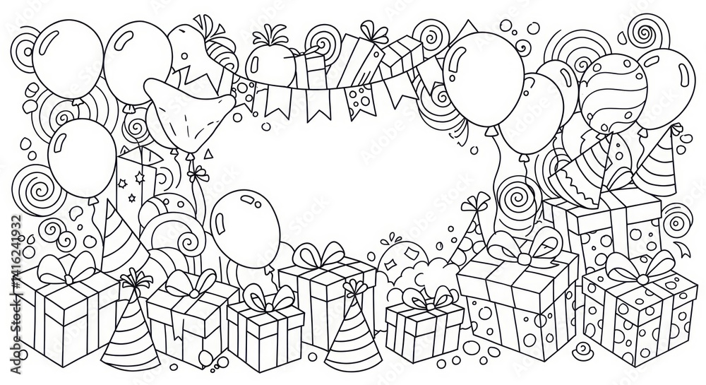 Fototapeta premium Whimsical black and white birthday celebration with balloons, gifts, and party hats, perfect for coloring book pages and festive designs