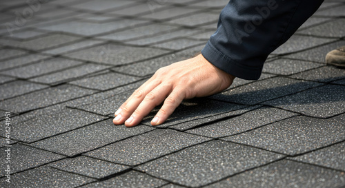 Hand inspecting roofing shingles for damage or installation quality on a residential building