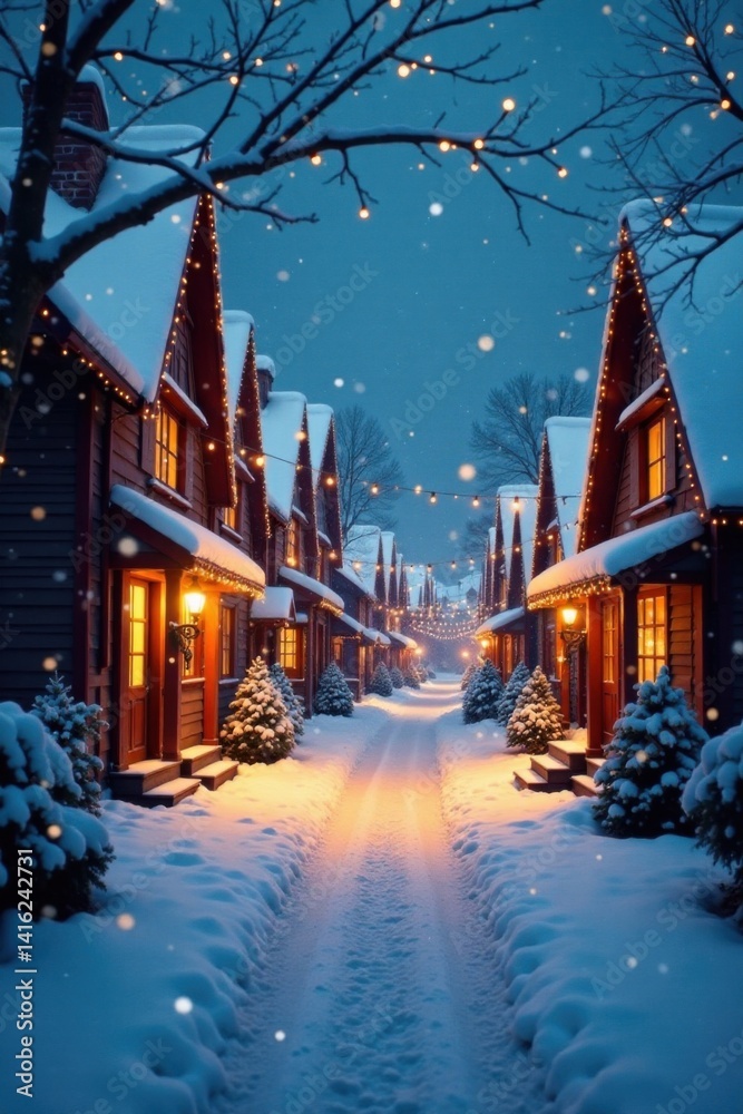 Fototapeta premium Snowy village street with Christmas lights and decorations, decorations, village