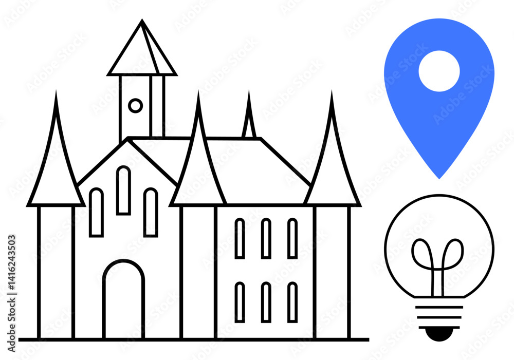 Fototapeta premium Castle with spires symbolizing history, map location pin, and light bulb for innovation and ideas. Ideal for tourism, history, creativity, navigation, inspiration architecture innovation. Flat