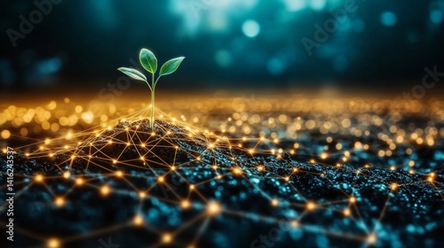 Renewable energy seedling with digital network symbolizing growth and technology highlighting sustainable development with a connected background emphasizing eco-friendly future 