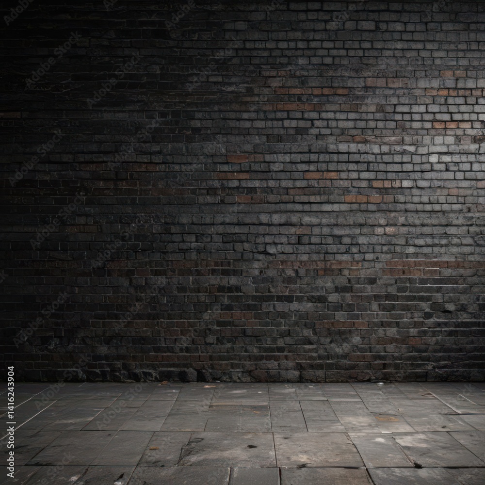 Black grunge brick wall, distressed texture, deep shadows, rough mortar , surface, material