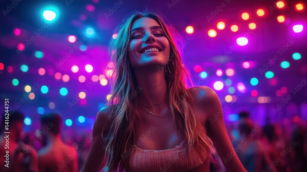 A joyful young woman enjoying a vibrant party atmosphere filled with colorful lights and music, capturing the essence of celebration. A joyful young woman enjoying a vibrant party atmosphere filled with colorful lights and music, capturing the essence of celebration.