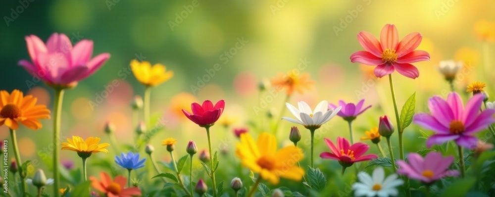 Soft petals of colorful wildflowers gently swaying in a gentle breeze, wildflowers, grass Soft petals of colorful wildflowers gently swaying in a gentle breeze, wildflowers, grass