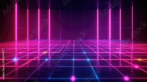 Futuristic neon grid with glowing lines and vibrant colors in a dark space, perfect for technology, gaming, or retro-themed projects and designs.
