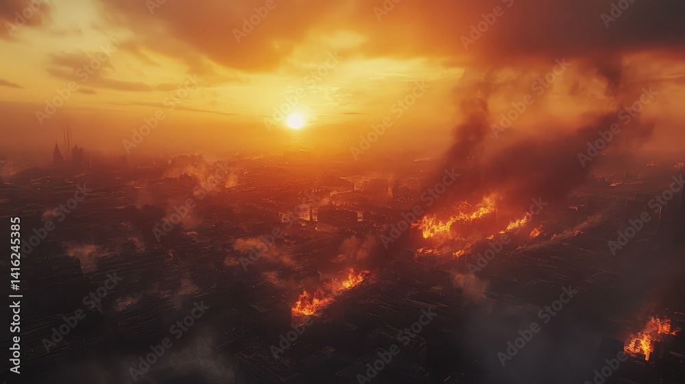 Naklejka premium Dramatic Aerial View of Urban Landscape Engulfed in Flames and Smoke During Fiery Sunset, Capturing the Intensity of a Catastrophic Event