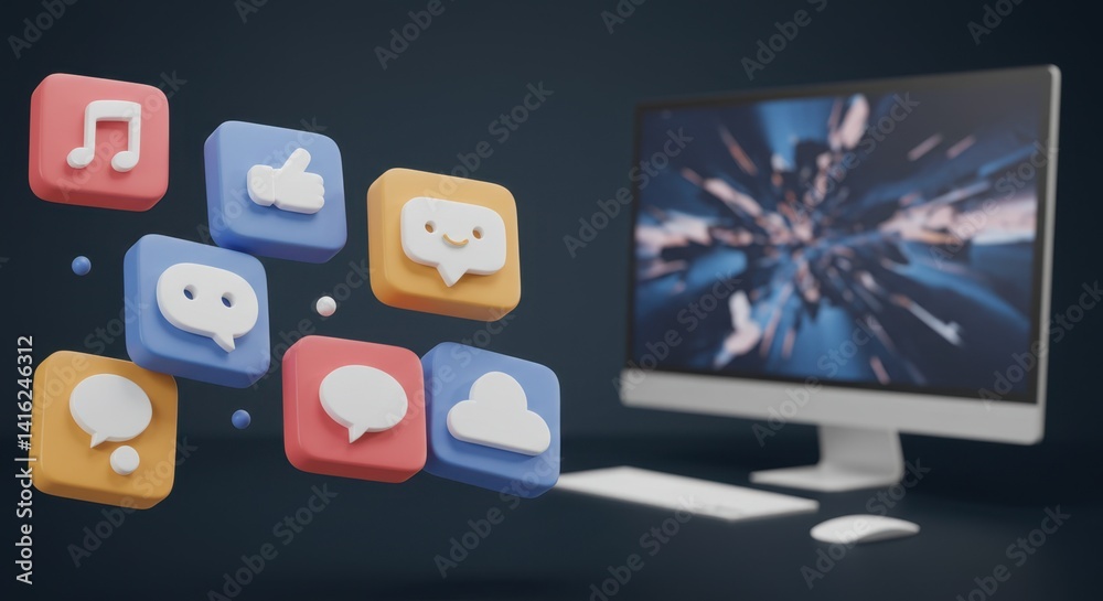 Social Media Icons Hovering Over Modern Desktop Computer Setup Social Media Icons Hovering Over Modern Desktop Computer Setup