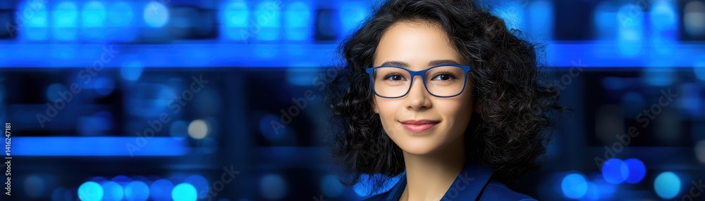 Fototapeta premium Portrait of a smiling woman with stylish glasses, captivating image of modern confidence